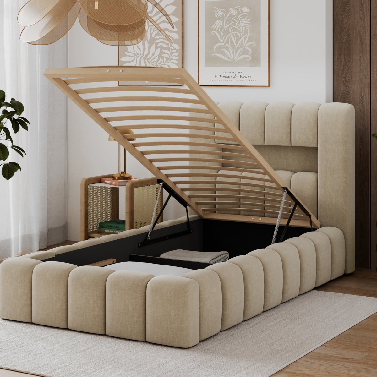 Lit coffre 90x200 sommier et LED inclus Auria Velours Beige - vue 4