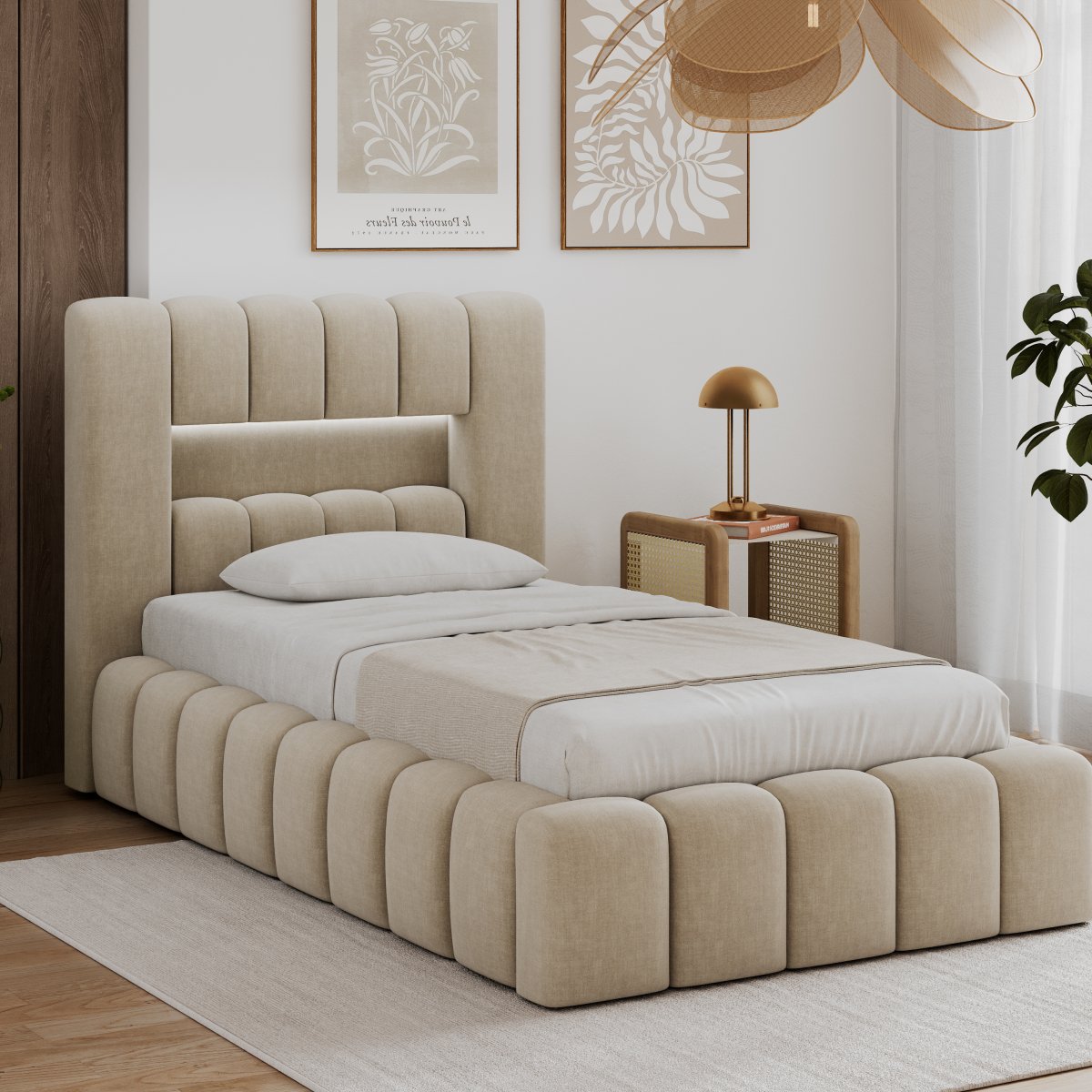 Lit coffre 90x200 sommier et LED inclus Auria Velours Beige
