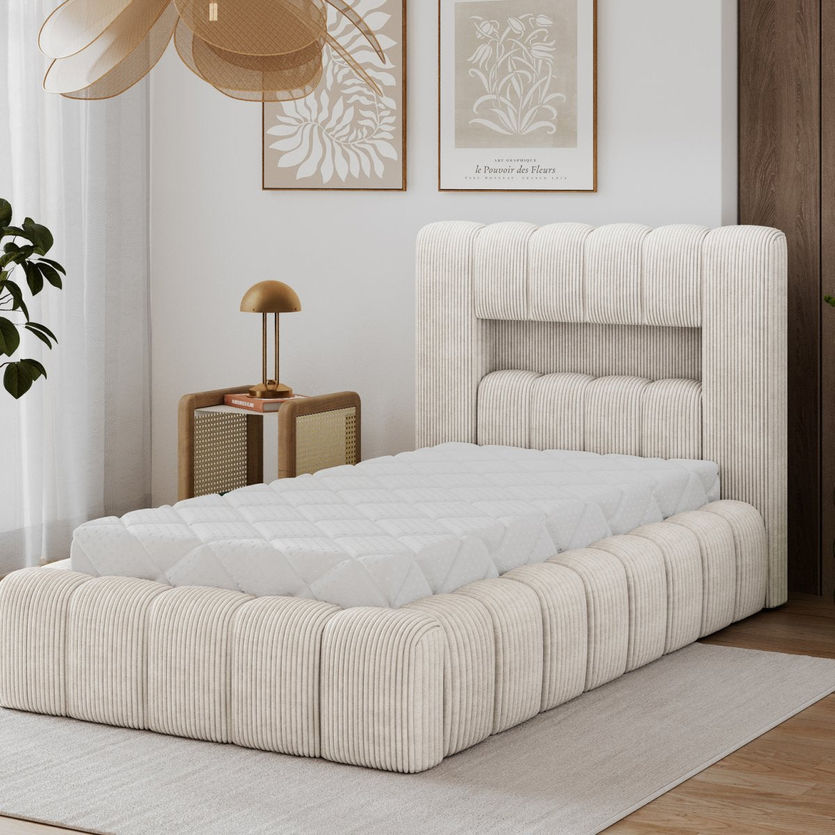 Lit coffre 90x200 sommier et LED inclus Auria Velours côtelé Beige - vue 10