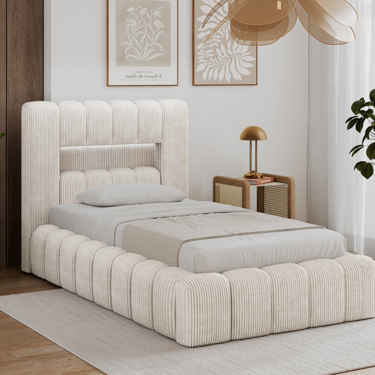 Lit coffre 90x200 sommier et LED inclus Auria Velours côtelé Beige