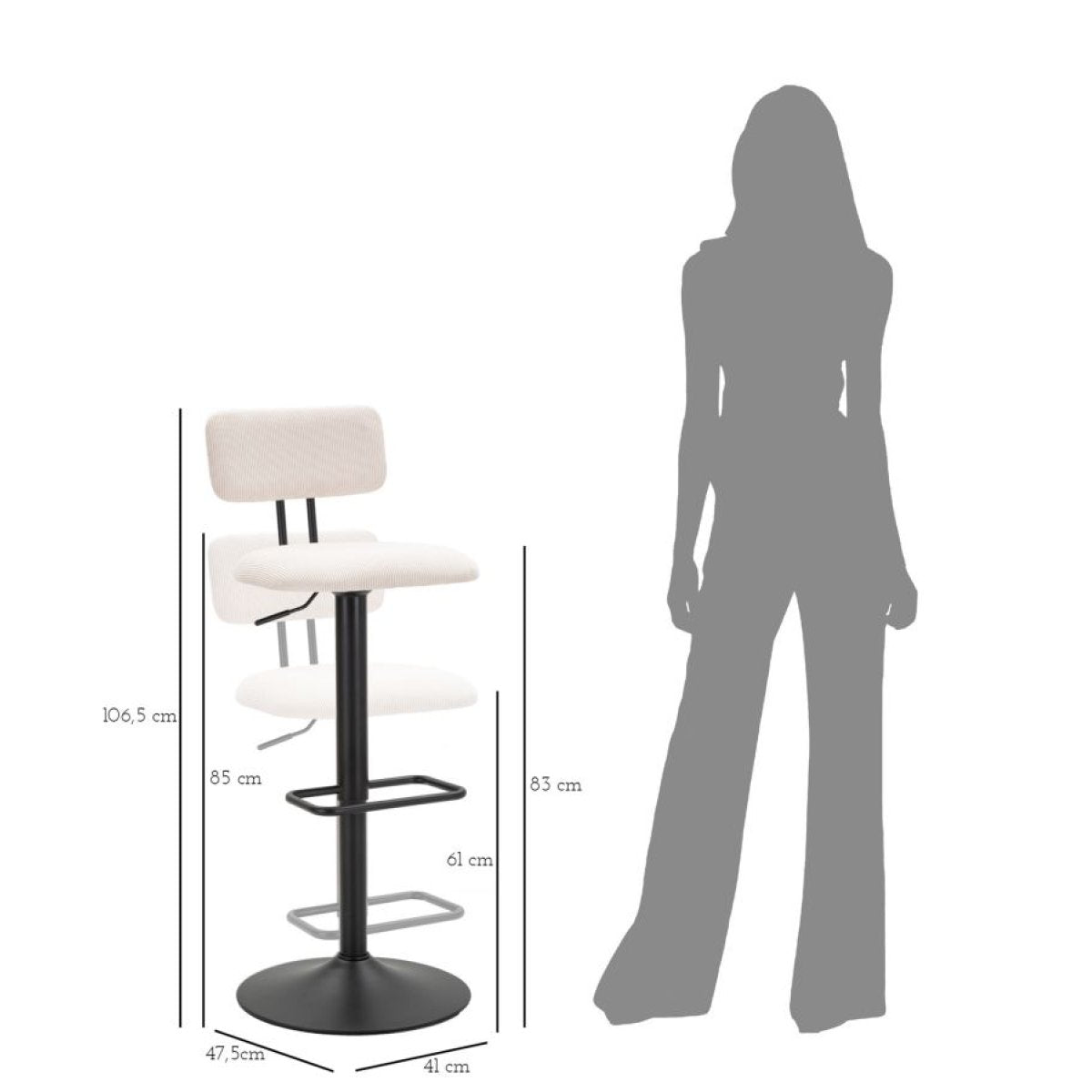 Lot de 2 tabourets de bar réglables de 61 à 83 cm Malorie Velours côtelé Blanc et Noir - vue 9