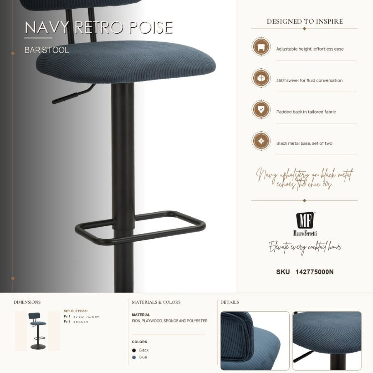 Lot de 2 tabourets de bar réglables de 61 à 83 cm Malorie Velours côtelé Bleu et Noir - vue 9