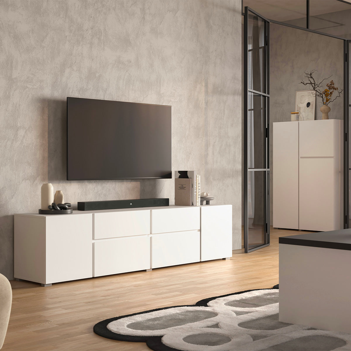 Meuble TV 4 portes 2 tiroirs 195 cm Maxis Blanc - vue 3