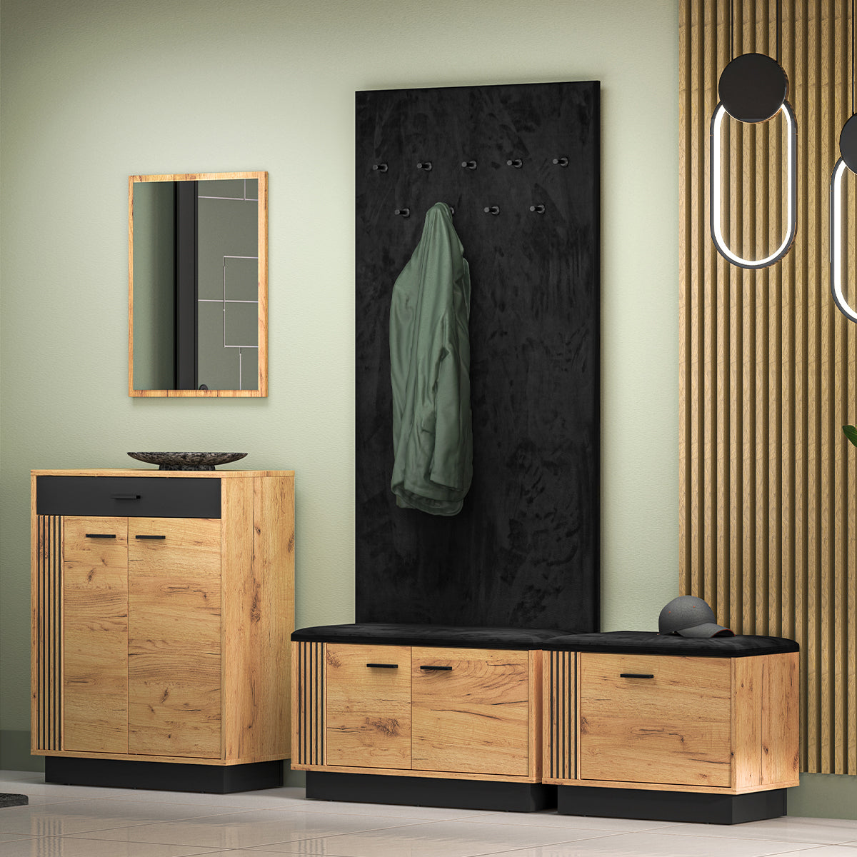 Meuble entrée porte-manteau et banc à chaussures 2 portes Nilo Bois - vue 3