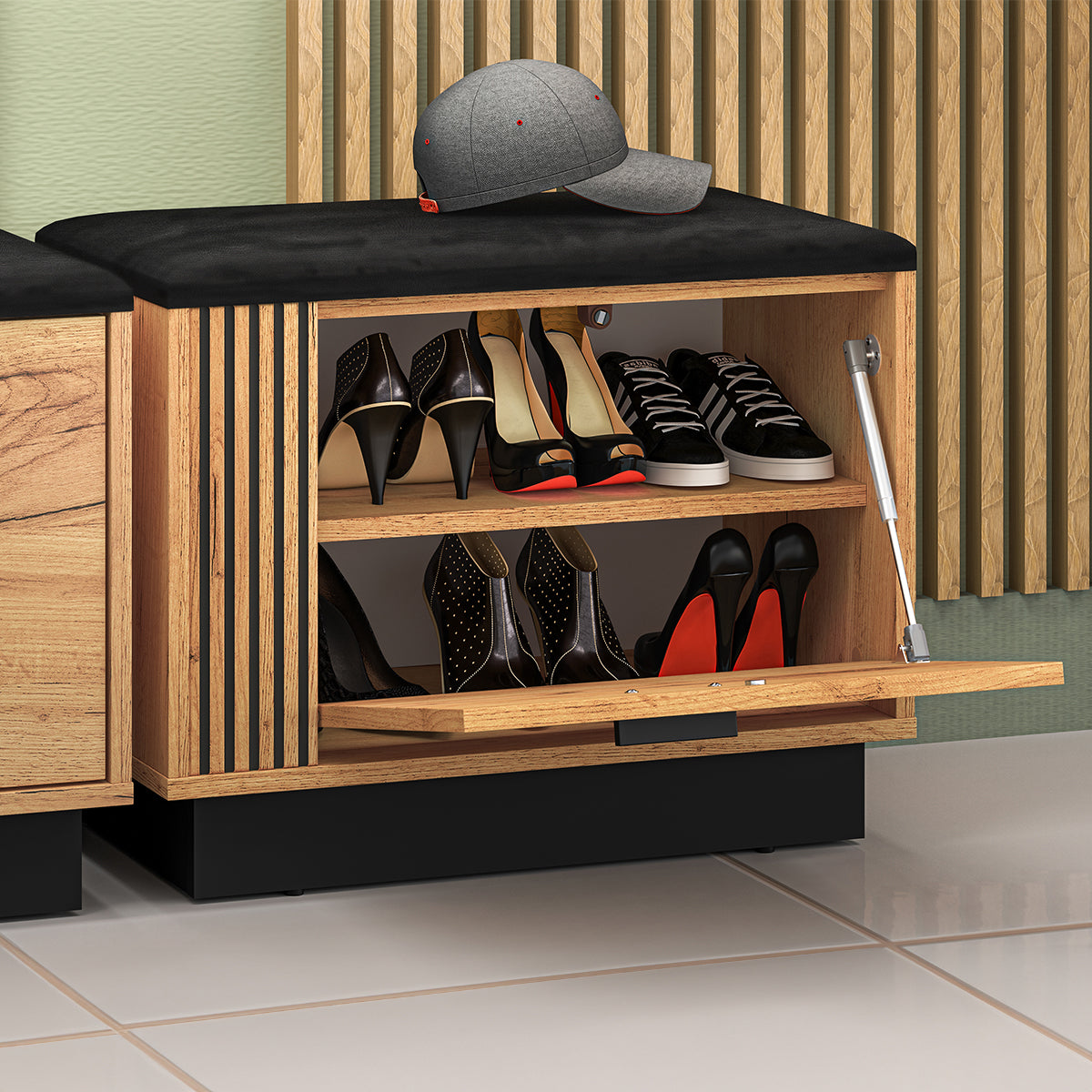 Meuble entrée porte-manteau étagère et banc à chaussures 1 porte Nilo Bois - vue 4