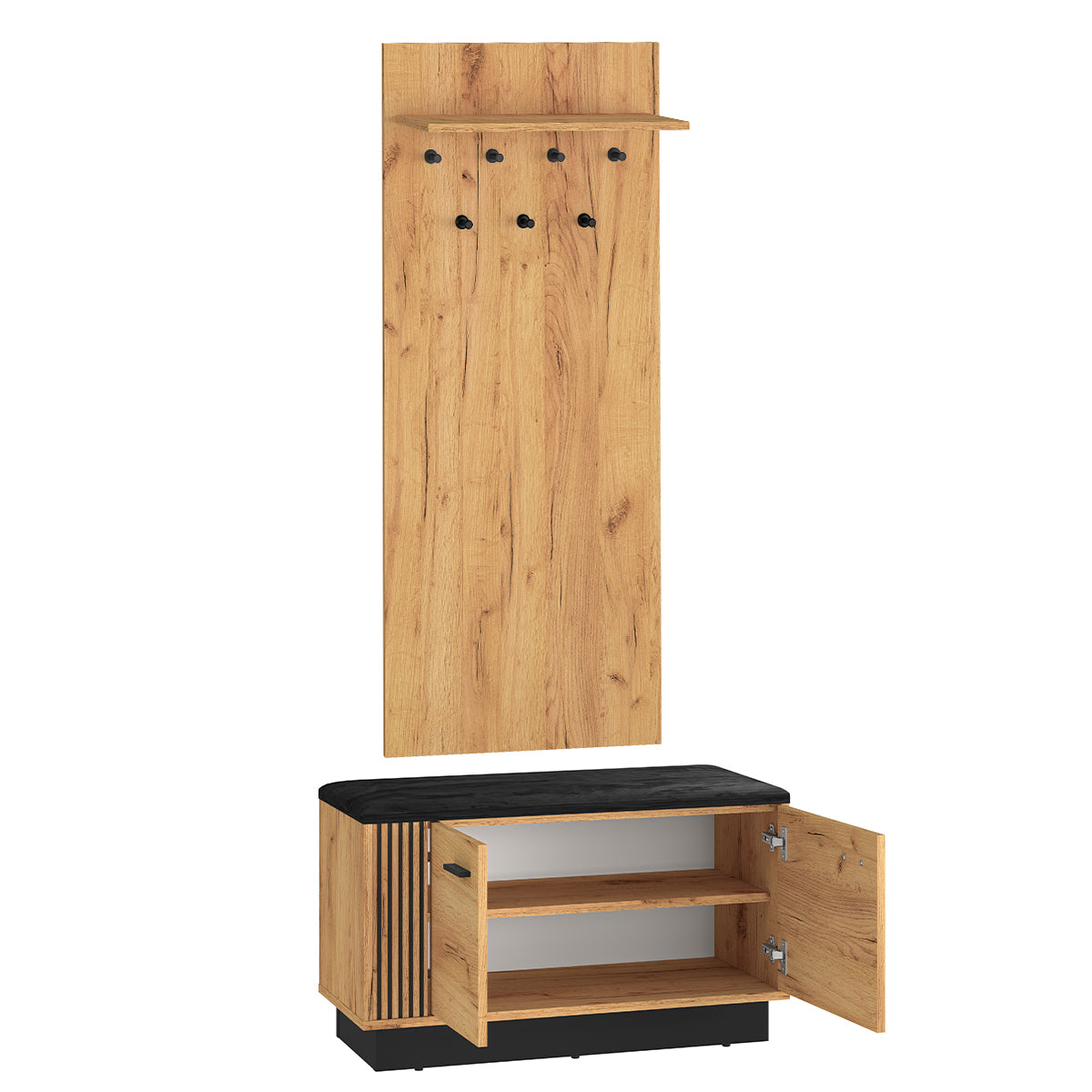 Meuble entrée porte-manteau étagère et banc à chaussures 2 portes Nilo Bois - vue 2