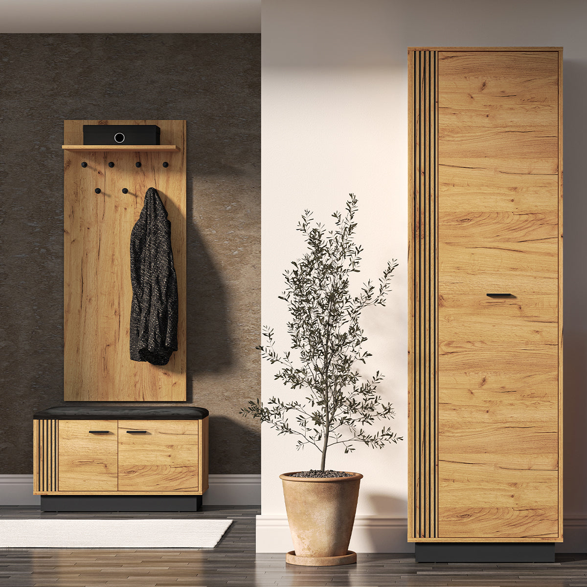 Meuble entrée porte-manteau étagère et banc à chaussures 2 portes Nilo Bois - vue 3