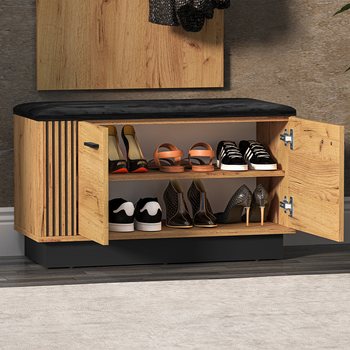 Meuble entrée porte-manteau étagère et banc à chaussures 2 portes Nilo Bois - vue 4