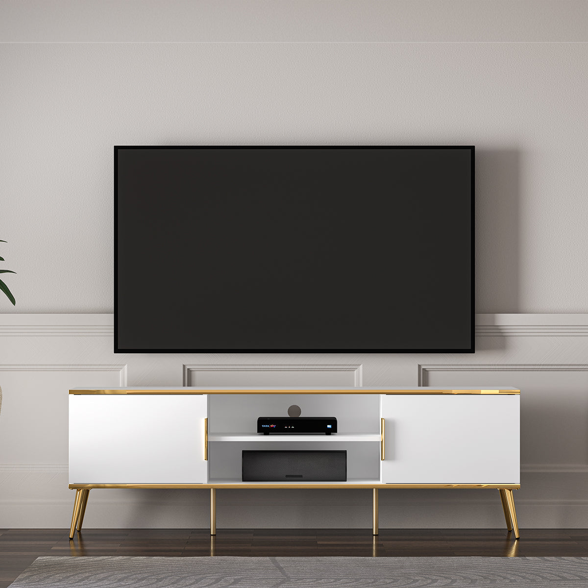 Meuble TV 2 portes 160 cm Zora Blanc et Doré - vue 3