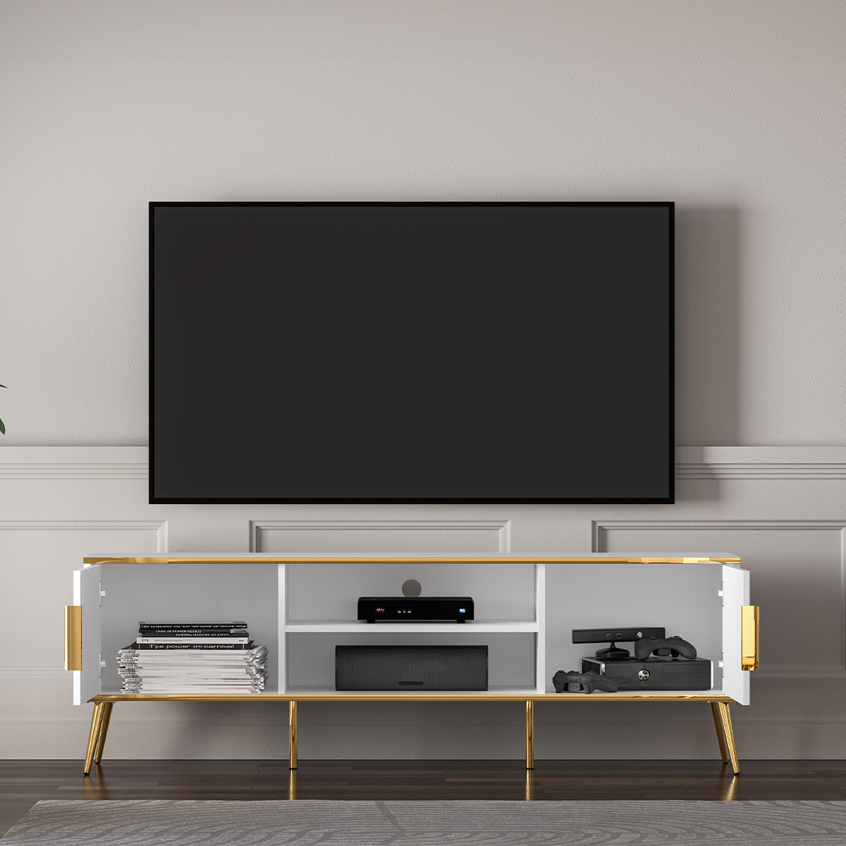 Meuble TV 2 portes 160 cm Zora Blanc et Doré - vue 4