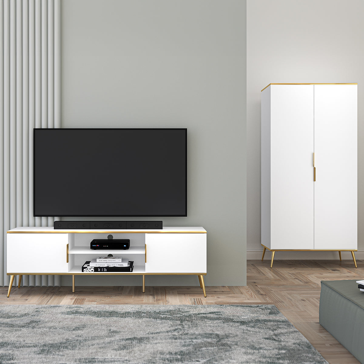 Meuble TV 2 portes 160 cm Zora Blanc et Doré - vue 6