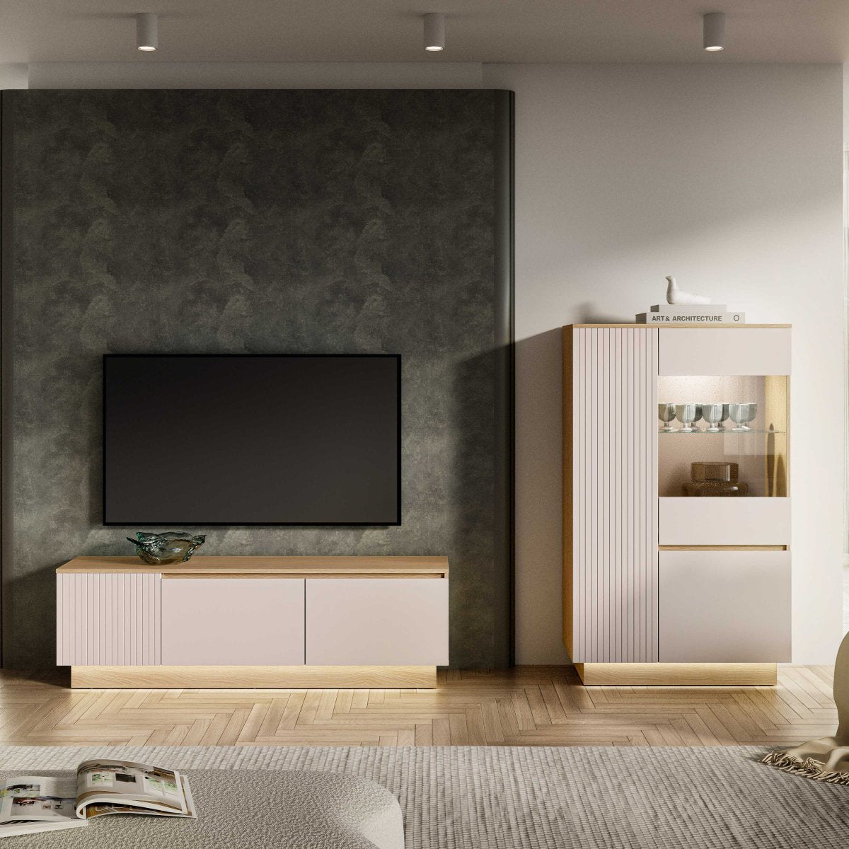 Meuble TV 3 portes 160 cm Elyès Cachemire et Bois - vue 5