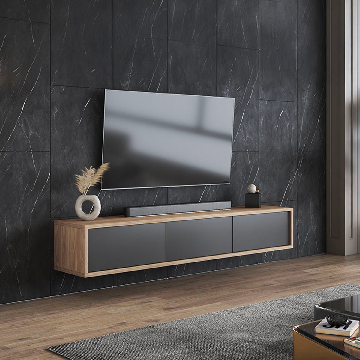 Meuble TV mural 3 portes 180 cm Idra Bois et Gris - vue 3