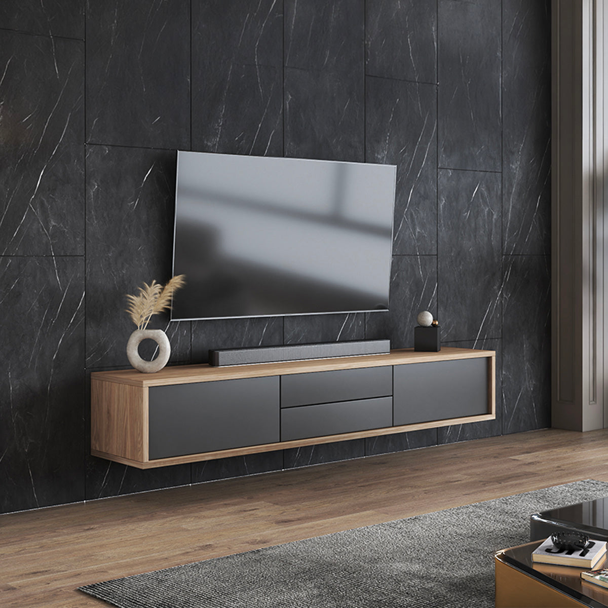 Meuble TV mural 2 portes 2 tiroirs 180 cm Idra Bois et Gris - vue 3