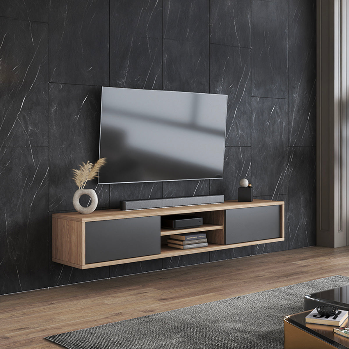 Meuble TV mural 2 portes 180 cm Idra Bois et Gris - vue 3