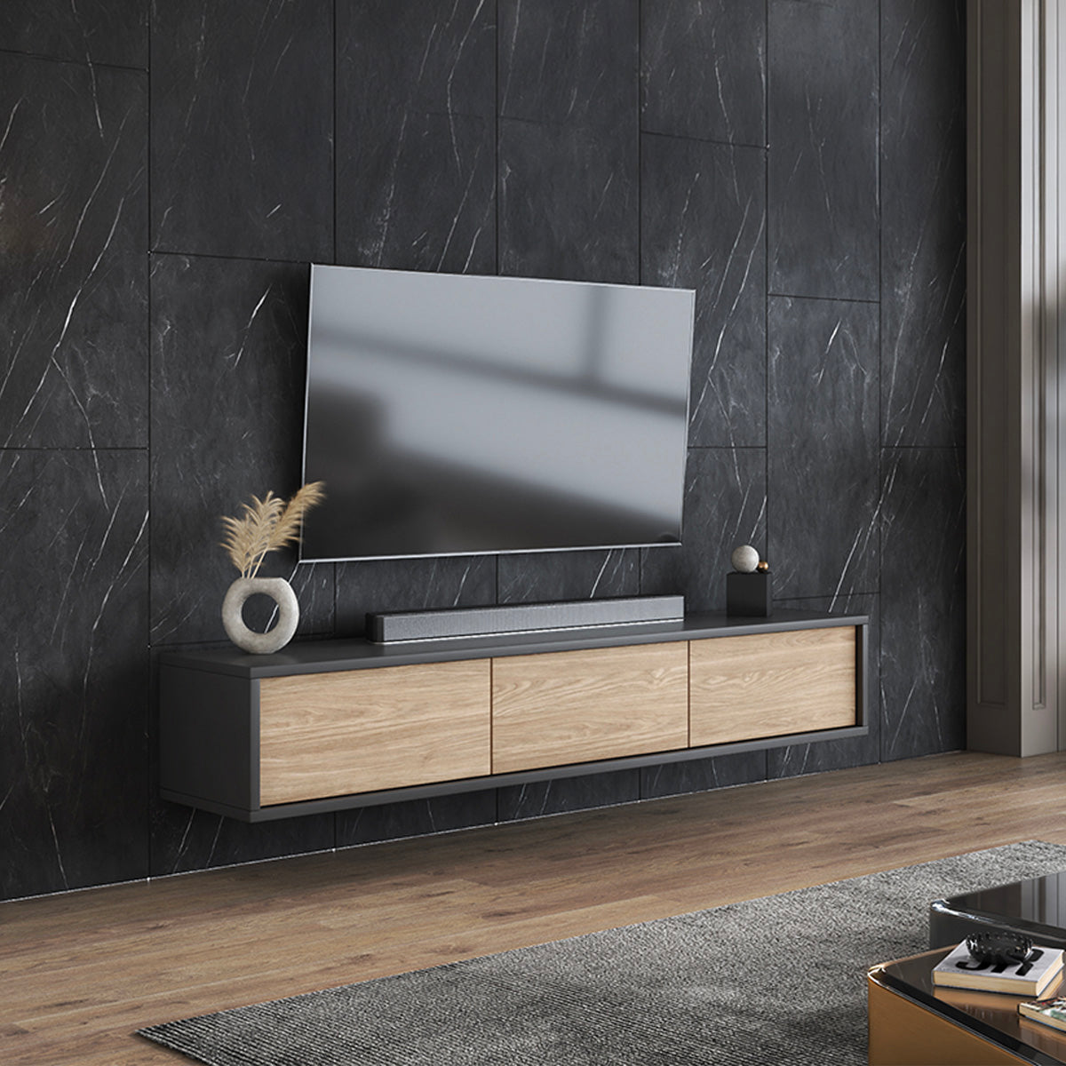 Meuble TV mural 3 portes 180 cm Idra Gris et Bois - vue 3