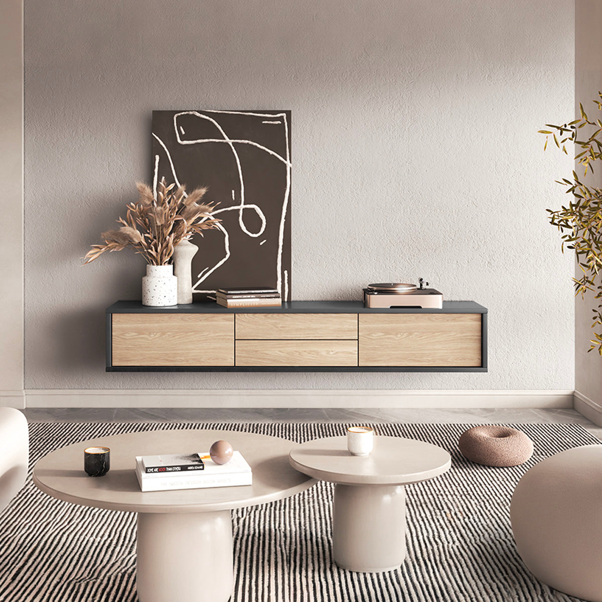 Meuble TV mural 2 portes 2 tiroirs 180 cm Idra Gris et Bois - vue 2