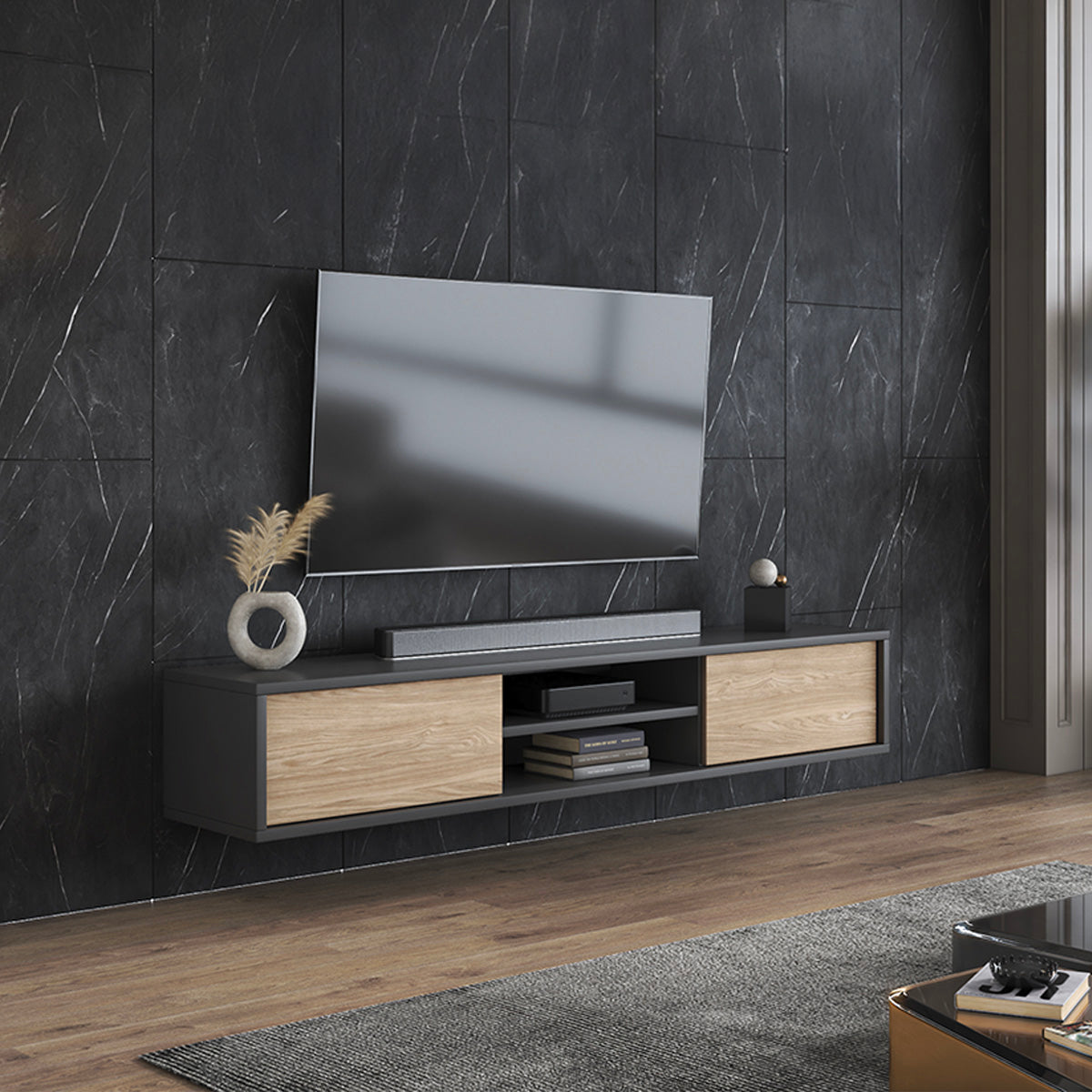 Meuble TV mural 2 portes 180 cm Idra Gris et Bois - vue 3