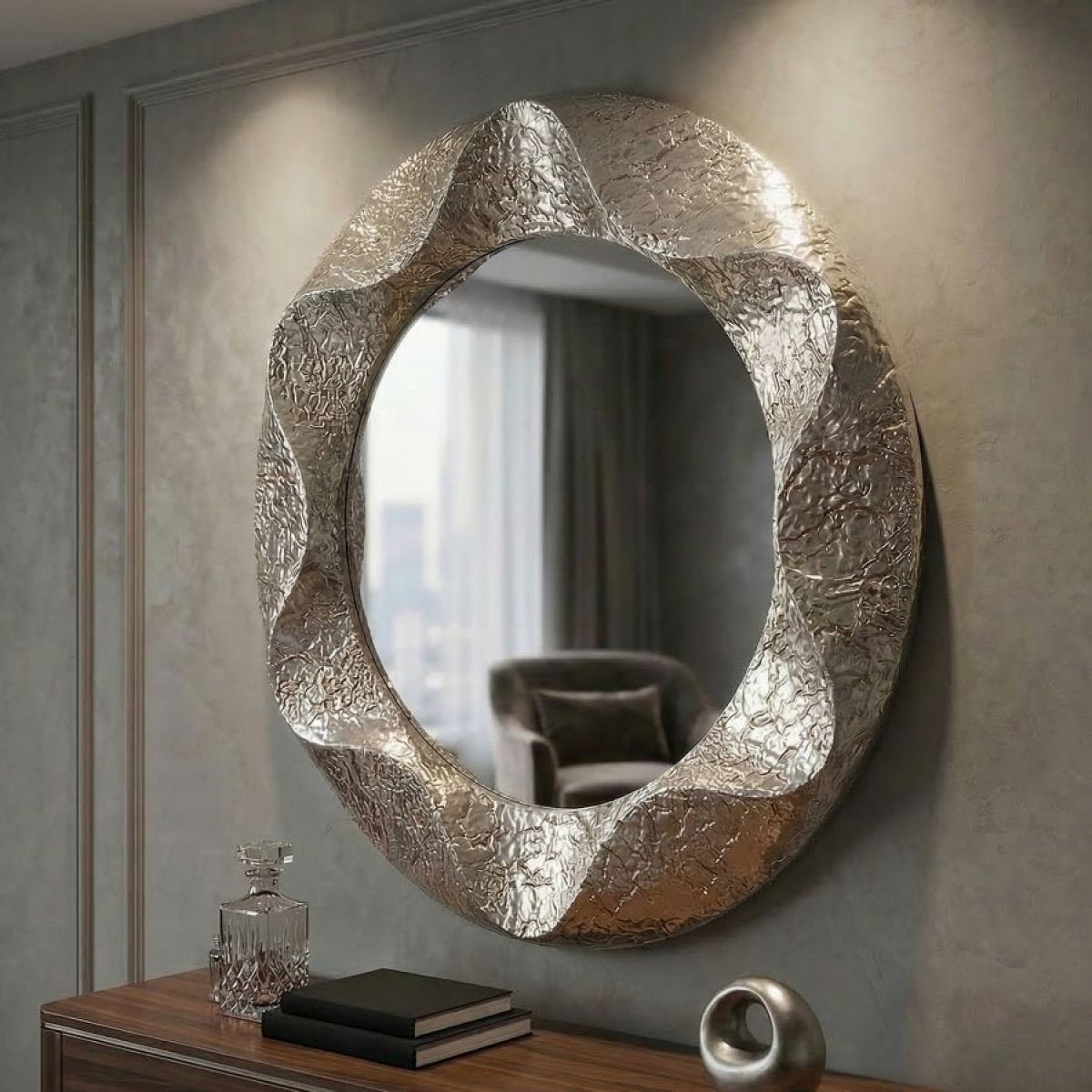 Miroir mural arrondi 104 cm martelé Cosmo Argenté