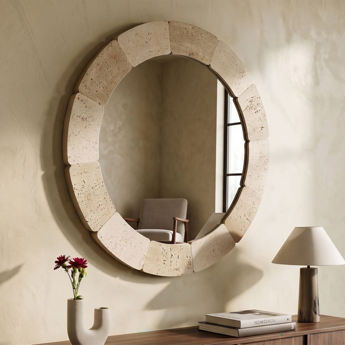 Miroir mural arrondi 90 cm effet travertin Kaël Beige