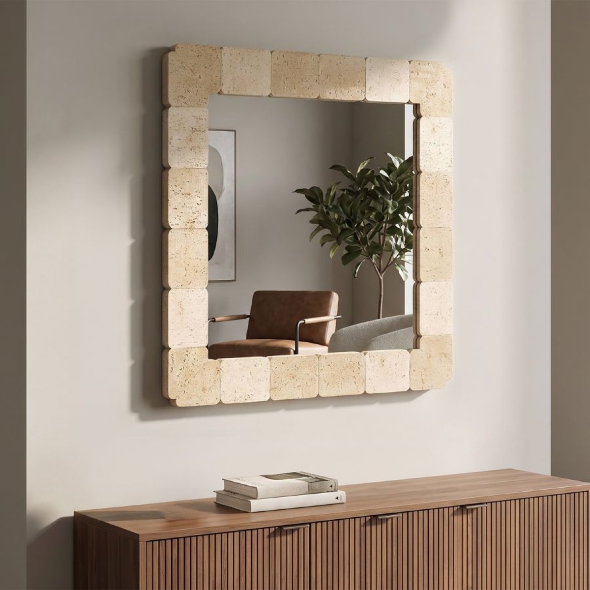 Miroir mural carré 90x90 cm effet travertin Kaël Beige
