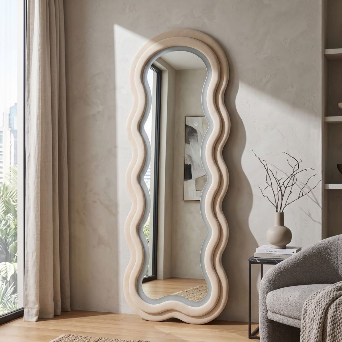 Miroir mural ondulé 60x160 cm LED inclus Clover Velours Crème