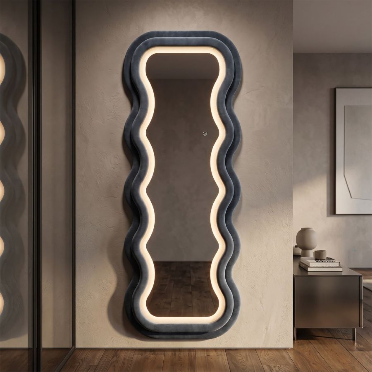 Miroir mural ondulé 60x160 cm LED inclus Jerry Velours Bleu