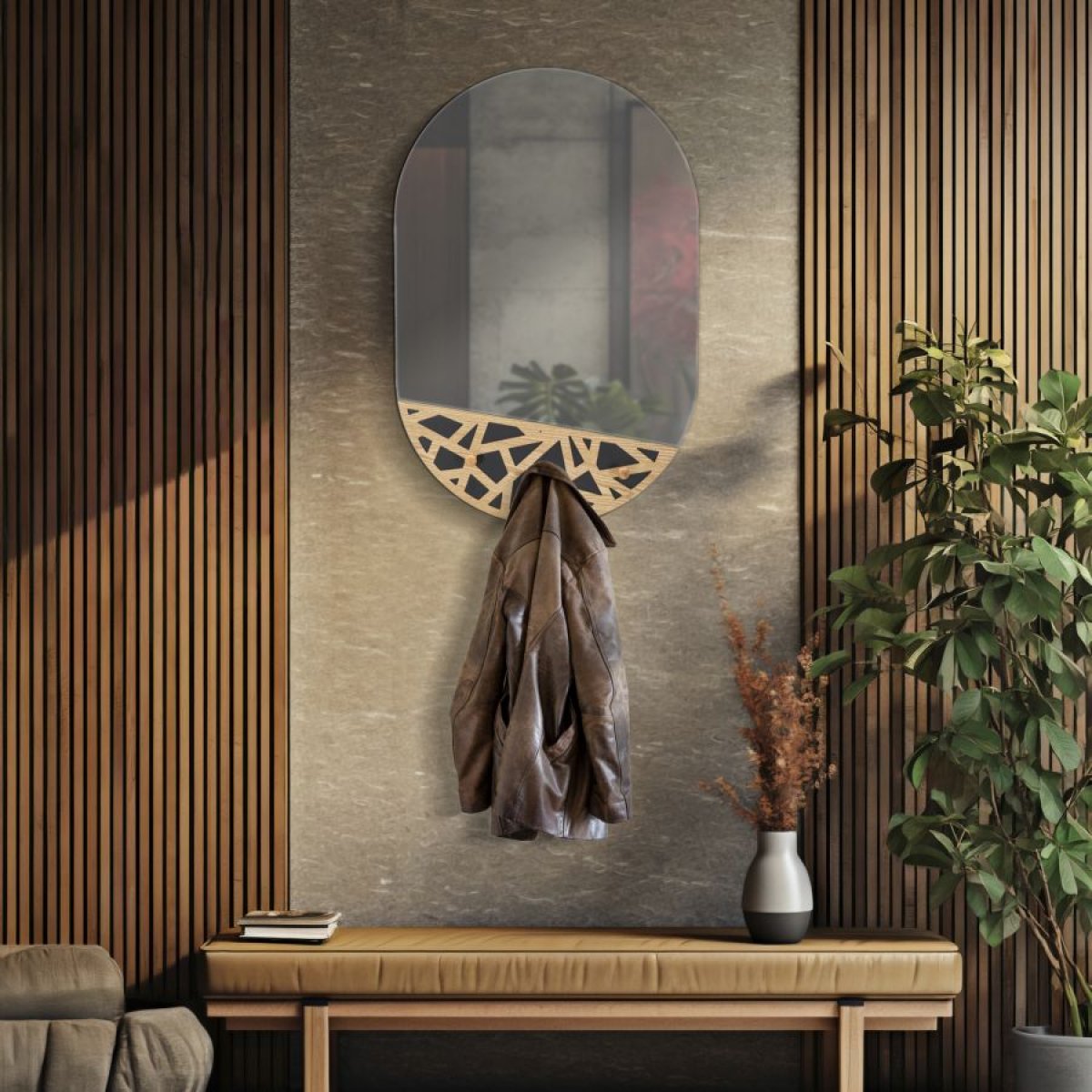 Miroir mural oval porte-manteau 56x90 cm Lazio Bois et Noir