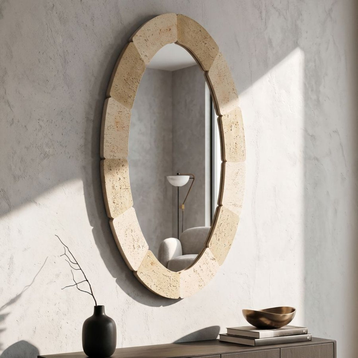 Miroir mural oval 70x120 cm effet travertin Kaël Beige