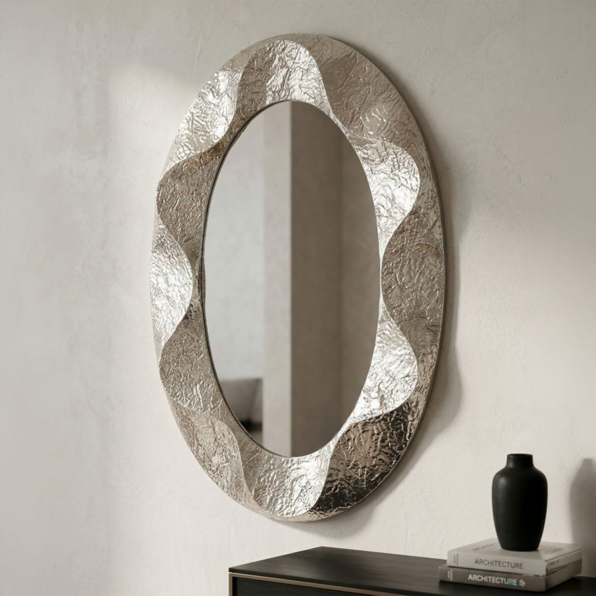 Miroir mural ovale 87x128 cm martelé Cosmo Argenté
