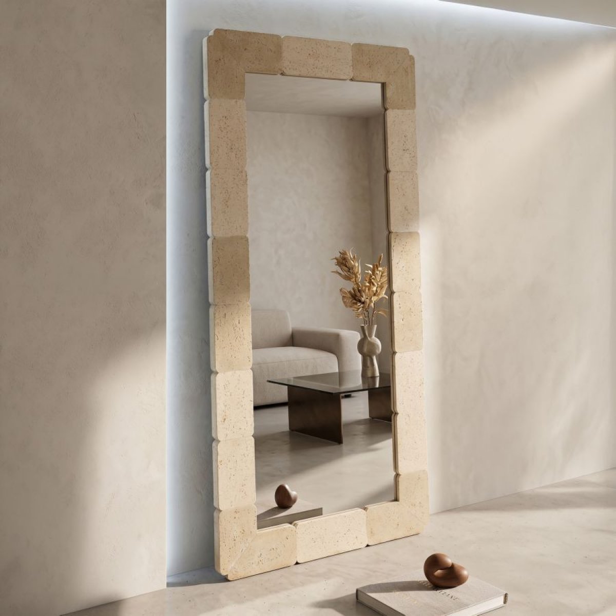 Miroir mural rectangulaire 70x160 cm effet travertin Kaël Beige
