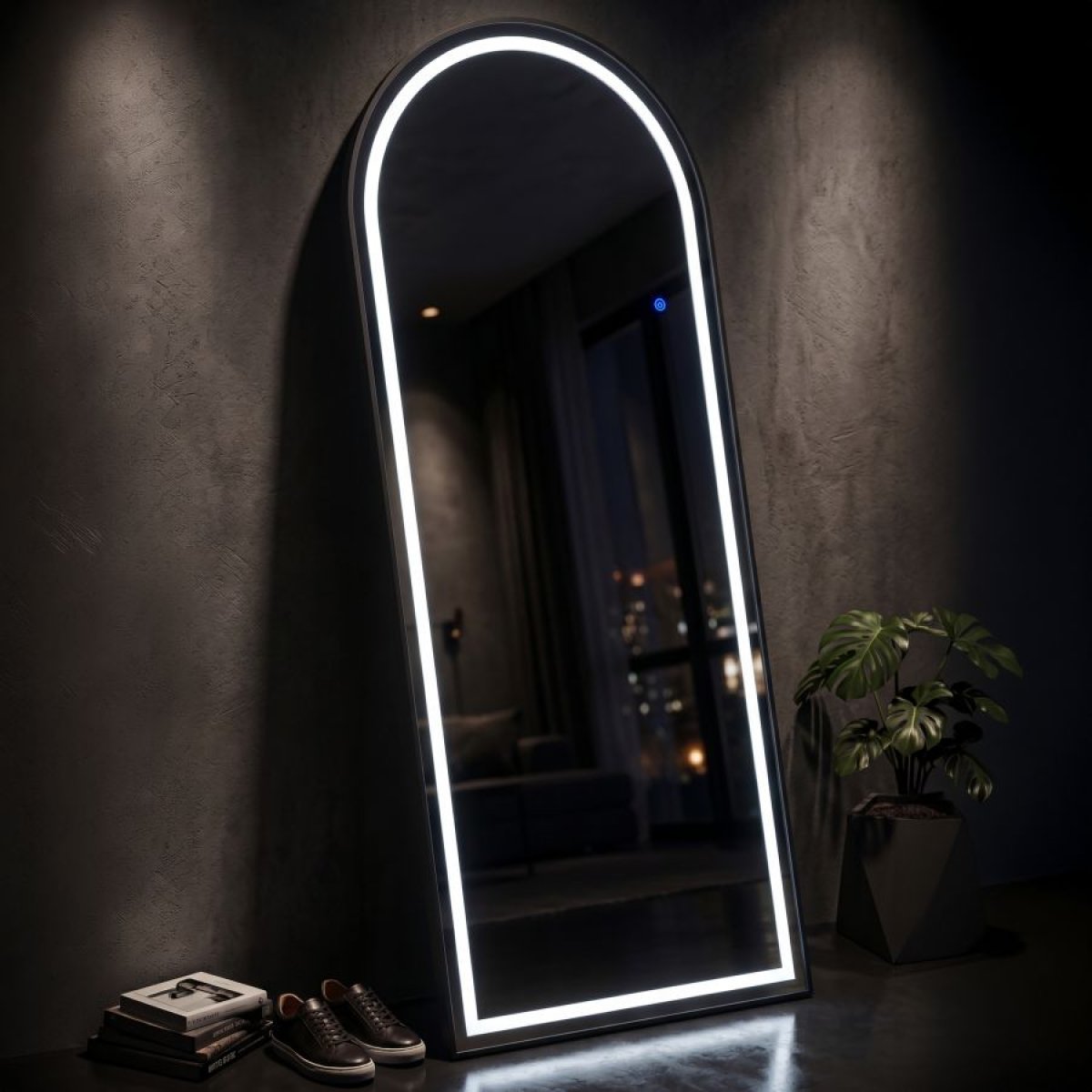 Miroir sur pied ou mural arqué 70x170 cm LED inclus Lumina Noir