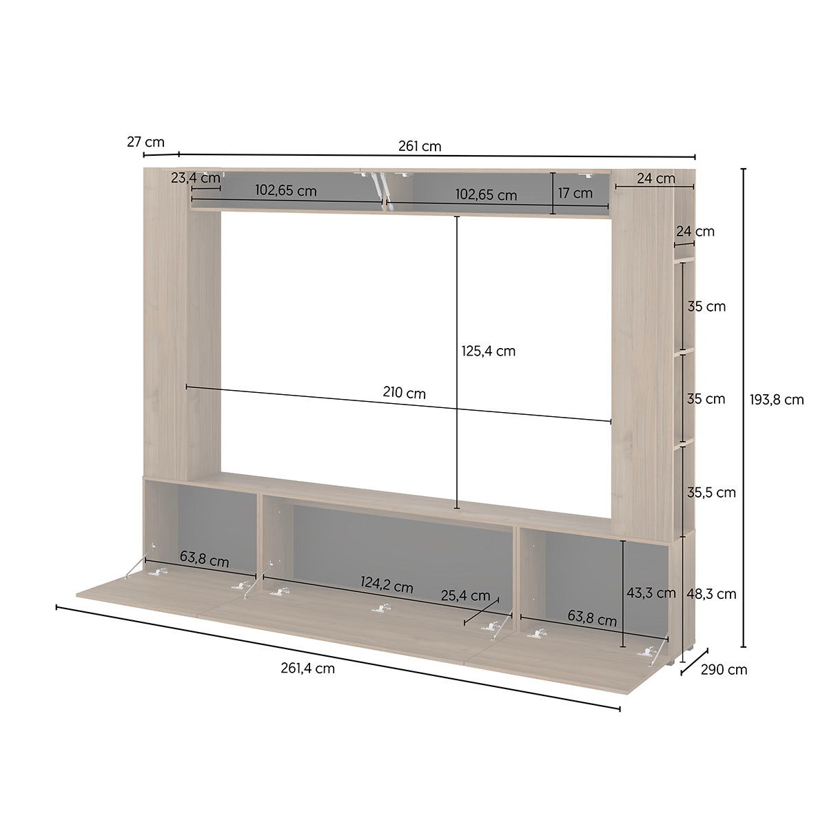 Meuble TV 5 portes 8 niches 260 cm Nala Bois - vue 8