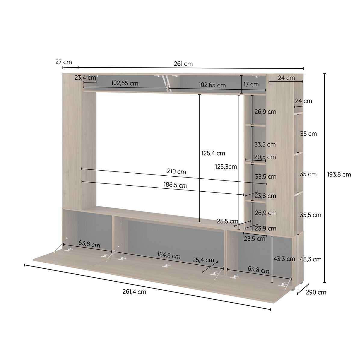 Meuble TV 5 portes 12 niches 260 cm Nala Bois - vue 8