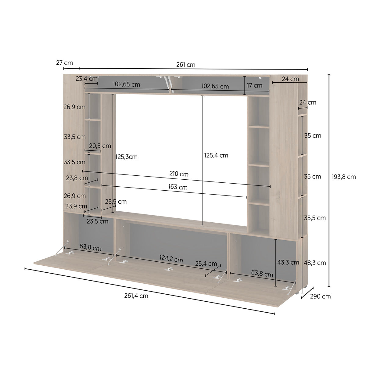 Meuble TV 5 portes 16 niches 260 cm Nala Bois - vue 9