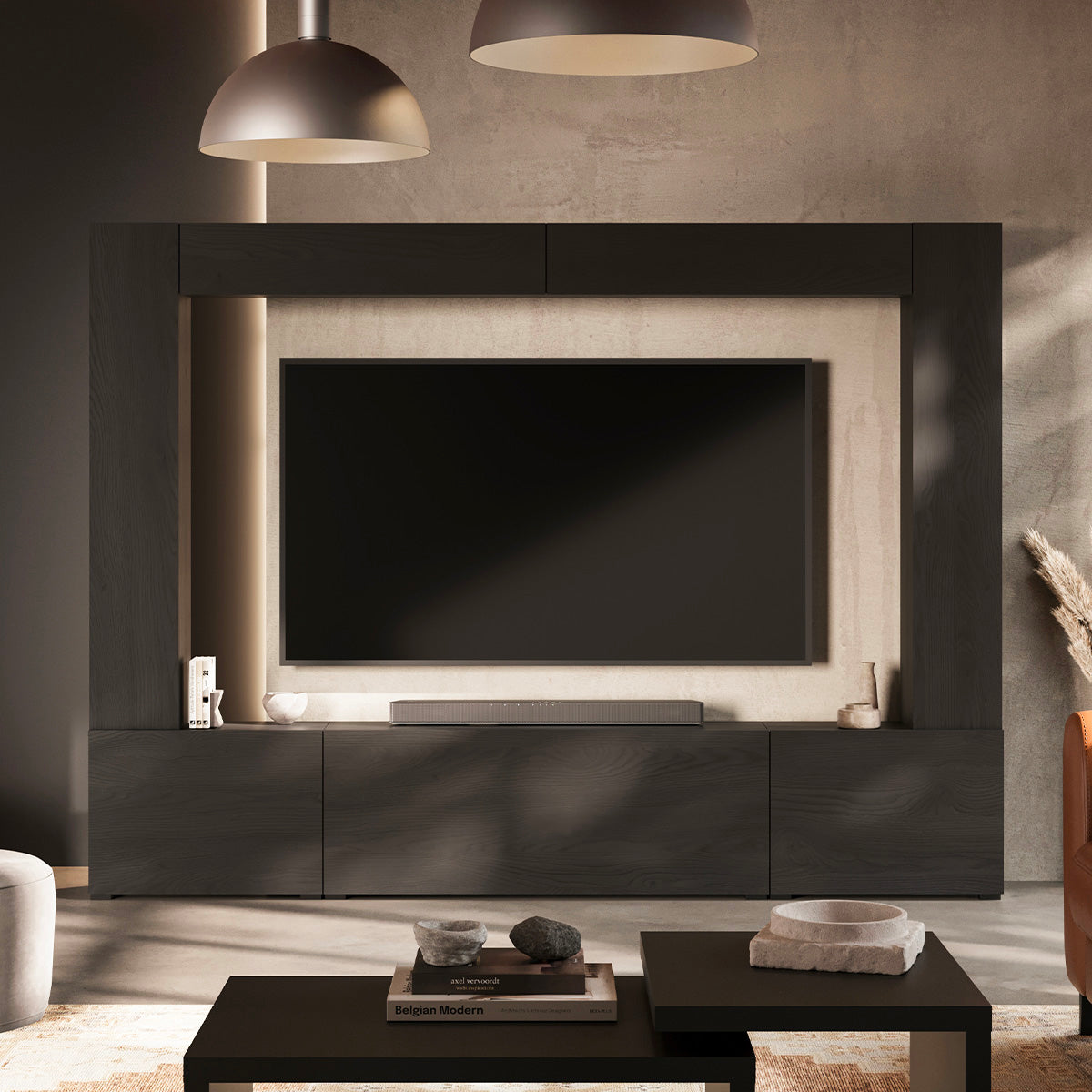 Meuble TV 5 portes 8 niches 260 cm Nala Bois noir - vue 2