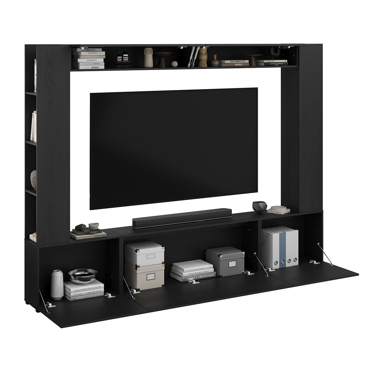 Meuble TV 5 portes 8 niches 260 cm Nala Bois noir - vue 3