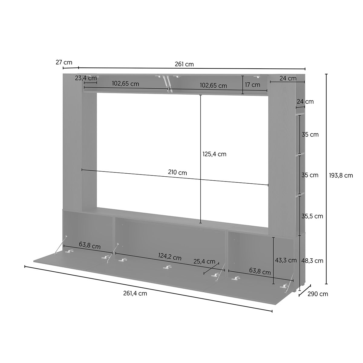Meuble TV 5 portes 8 niches 260 cm Nala Bois noir - vue 7