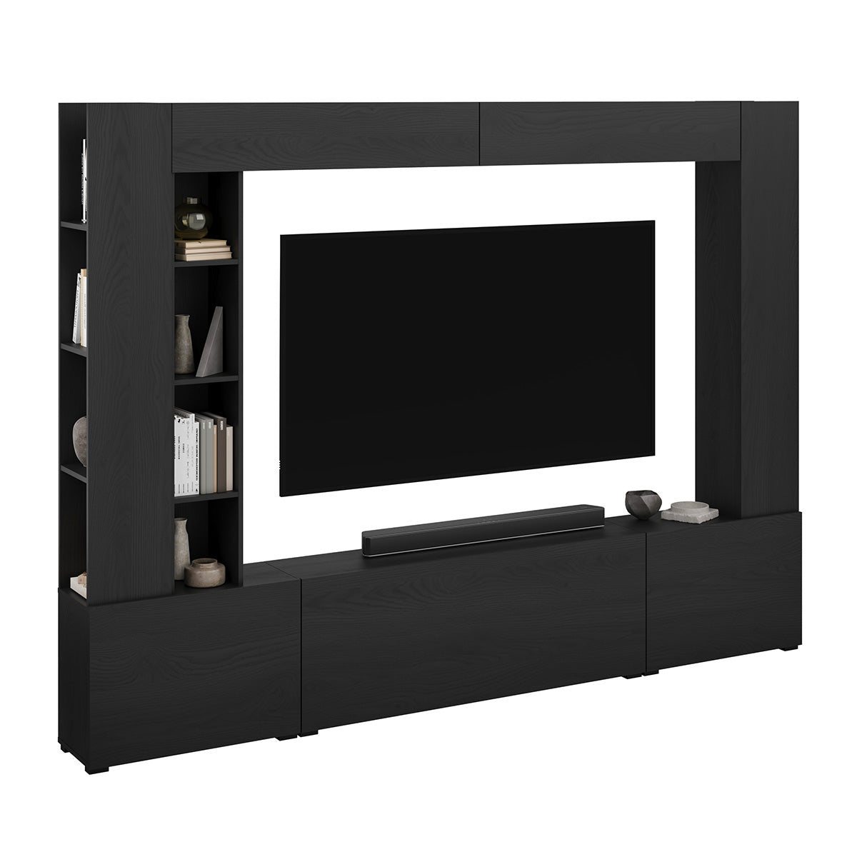 Meuble TV 5 portes 12 niches 260 cm Nala Bois noir