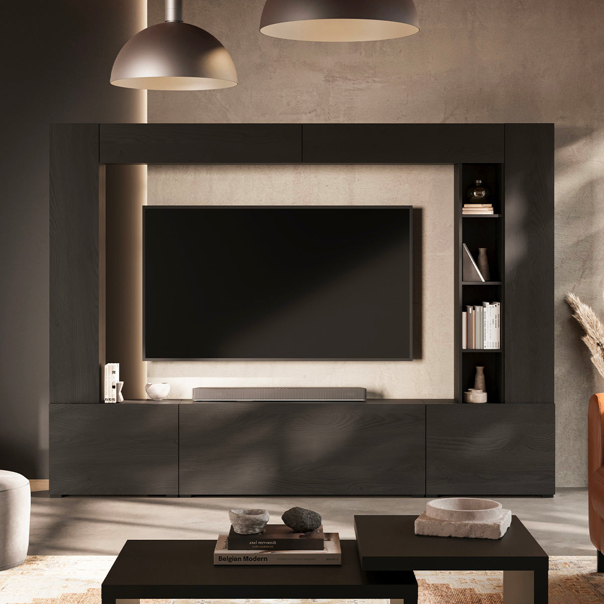 Meuble TV 5 portes 12 niches 260 cm Nala Bois noir - vue 2