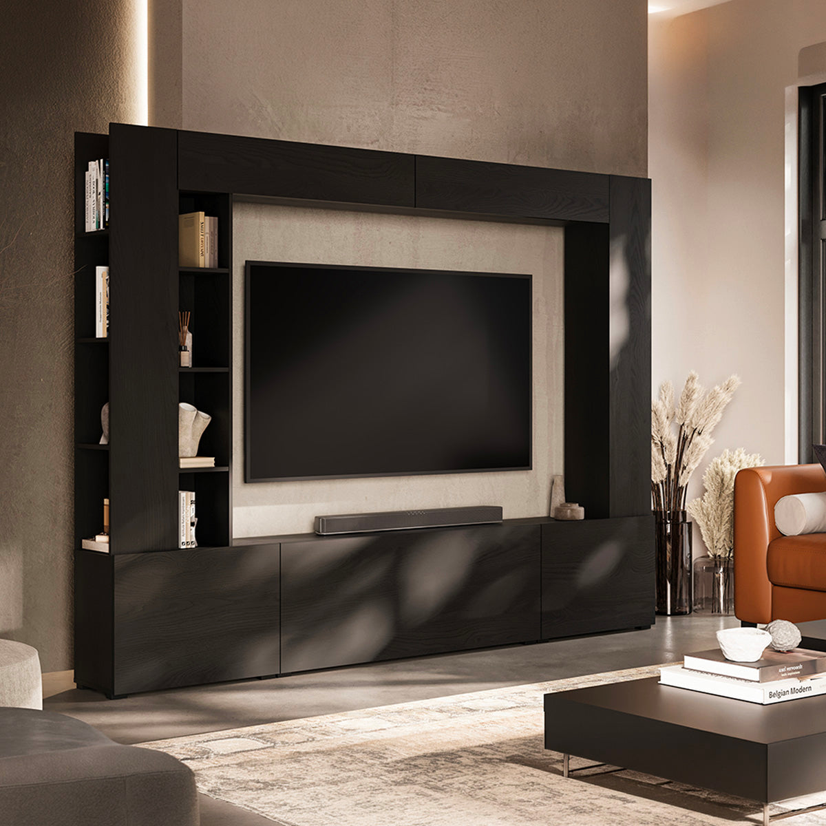 Meuble TV 5 portes 12 niches 260 cm Nala Bois noir - vue 3
