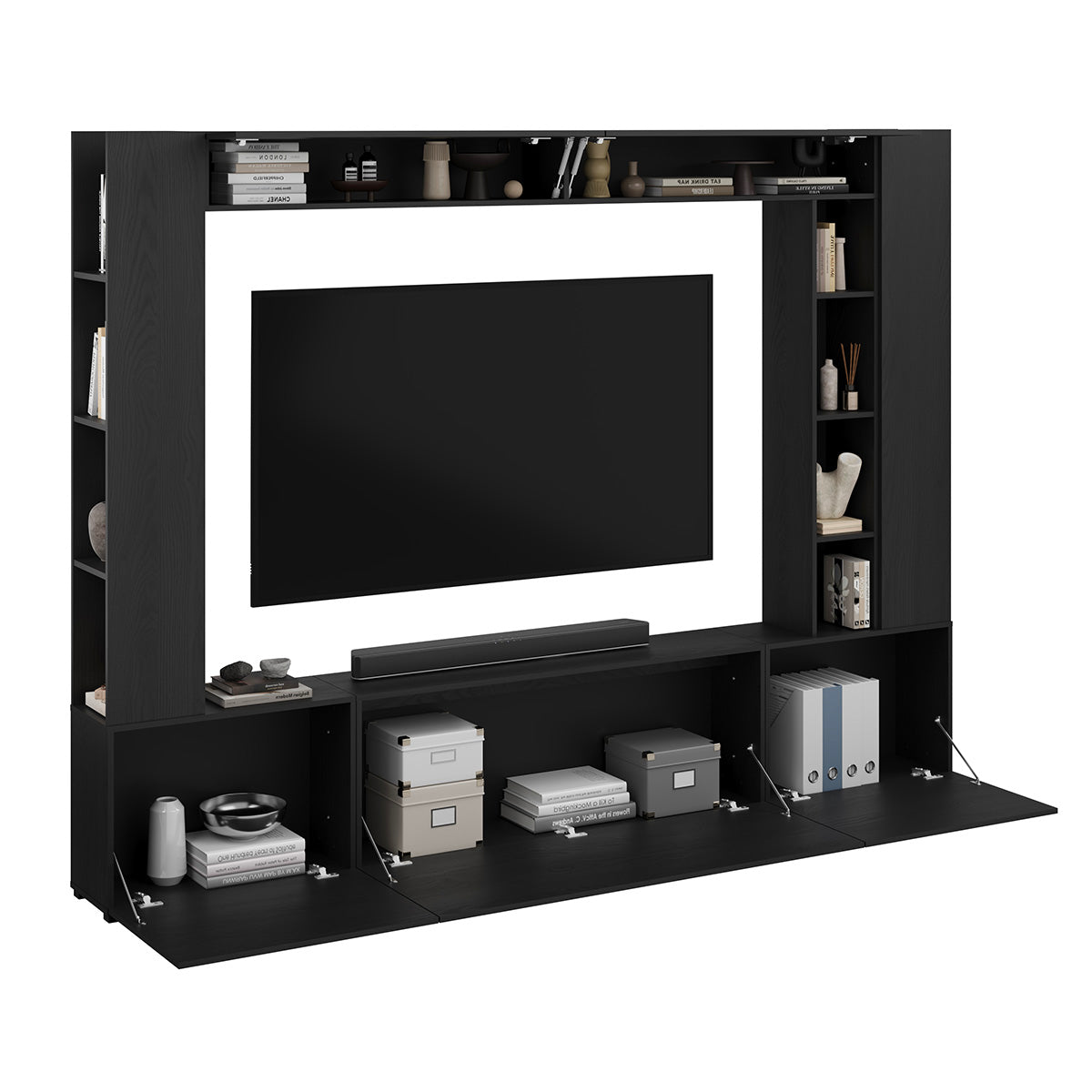 Meuble TV 5 portes 12 niches 260 cm Nala Bois noir - vue 4
