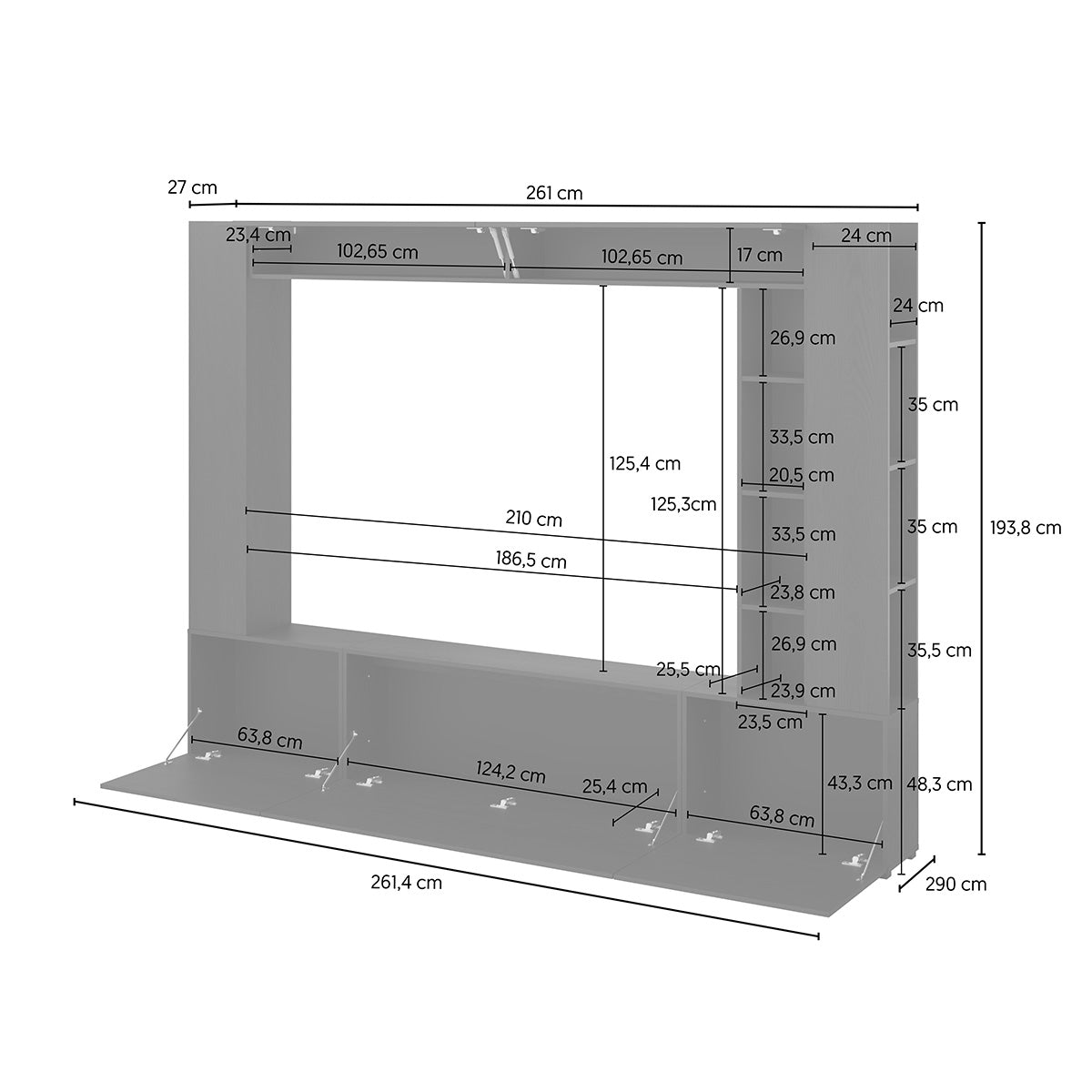 Meuble TV 5 portes 12 niches 260 cm Nala Bois noir - vue 8
