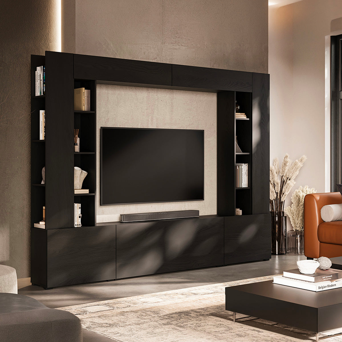 Meuble TV 5 portes 16 niches 260 cm Nala Bois noir - vue 2