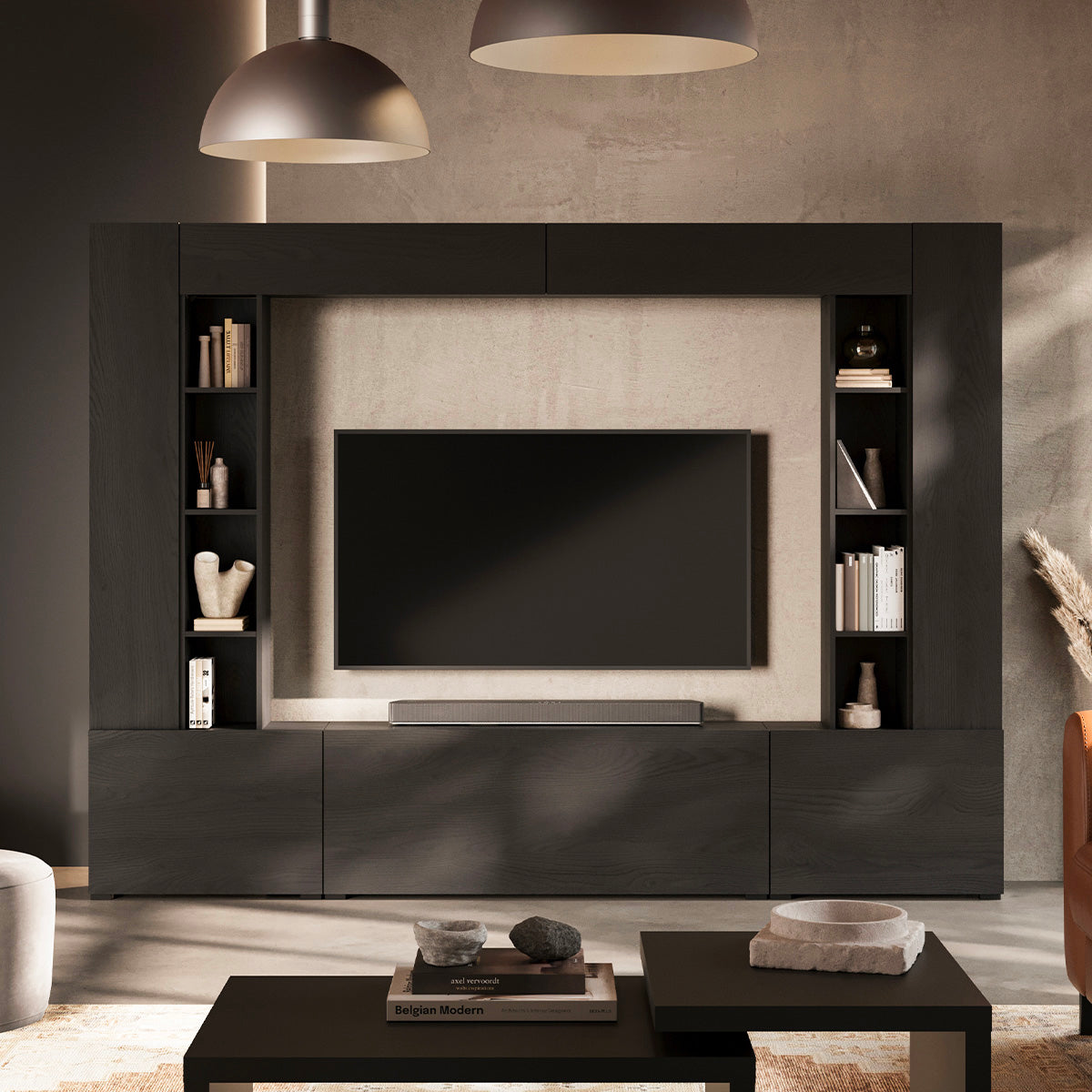 Meuble TV 5 portes 16 niches 260 cm Nala Bois noir - vue 3