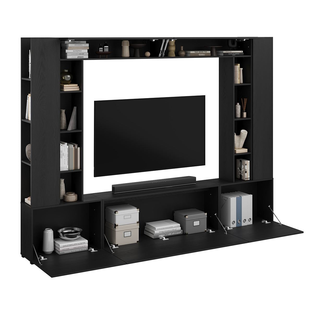 Meuble TV 5 portes 16 niches 260 cm Nala Bois noir - vue 4