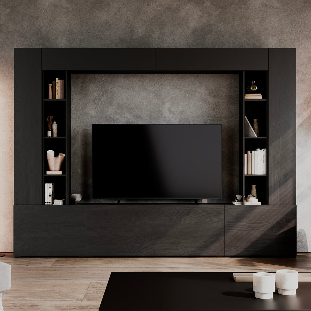 Meuble TV 5 portes 16 niches 260 cm Nala Bois noir - vue 6