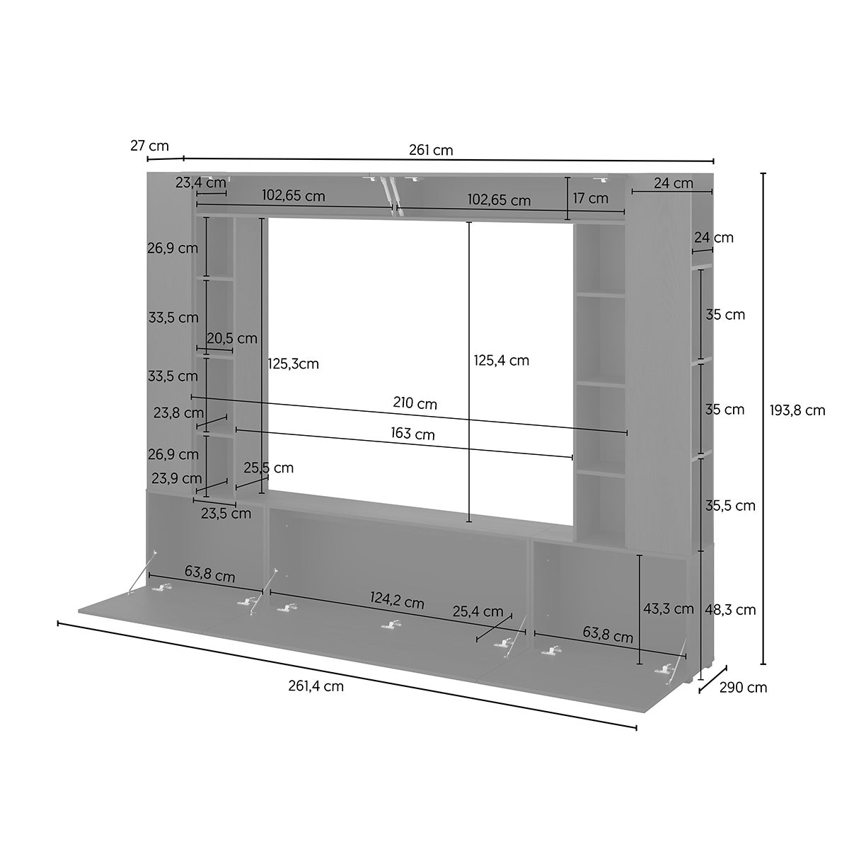 Meuble TV 5 portes 16 niches 260 cm Nala Bois noir - vue 9