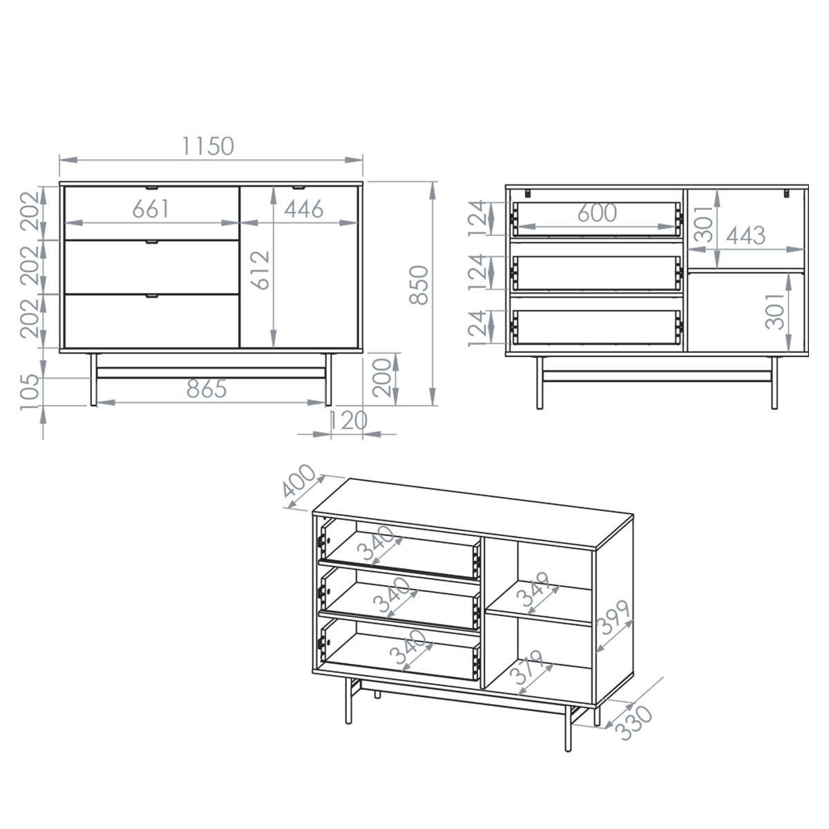Buffet 1 porte 3 tiroirs Nila Bois - vue 10