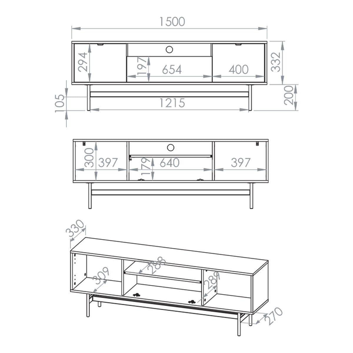 Meuble TV 3 portes 150 cm Nila Bois - vue 10